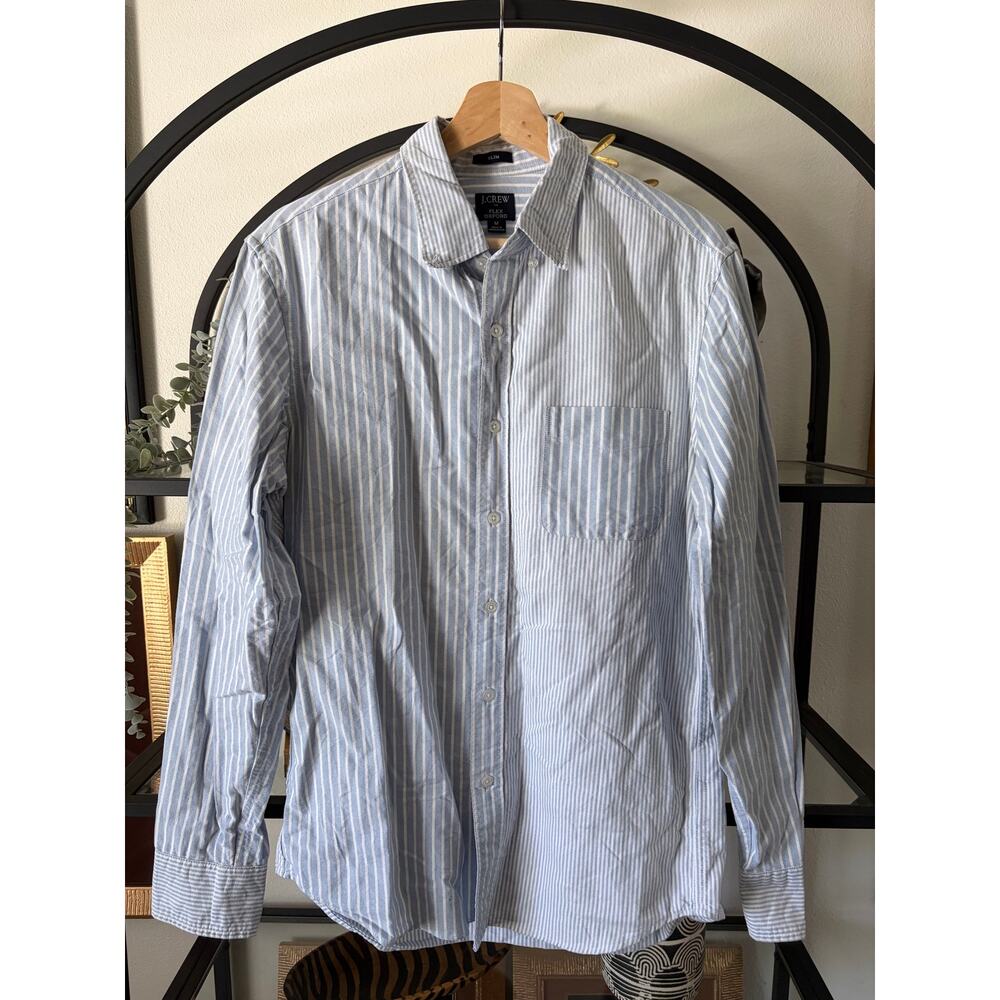 J Crew Flex Oxford Shirt Mens Medium Slim Blue White Stripe Button Down
